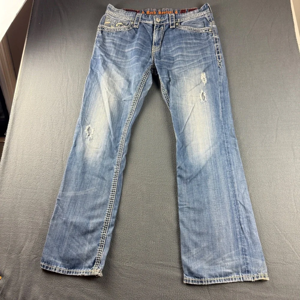 Rock Revival Antonio Jeans Men's 36 (Fits 38x36) Blue Bootcut Thick Stitch Y2K